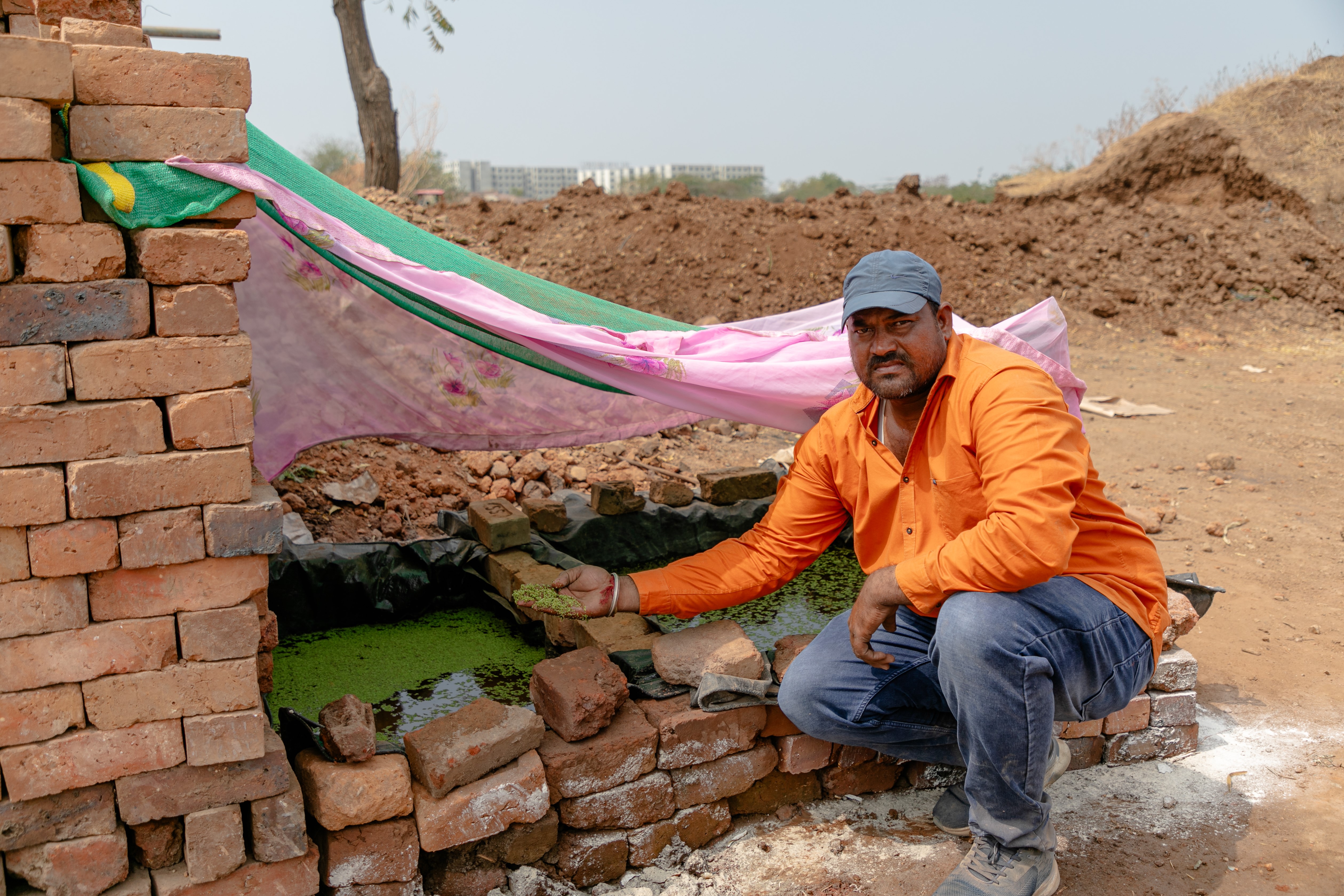 Man next to azolla pit in India