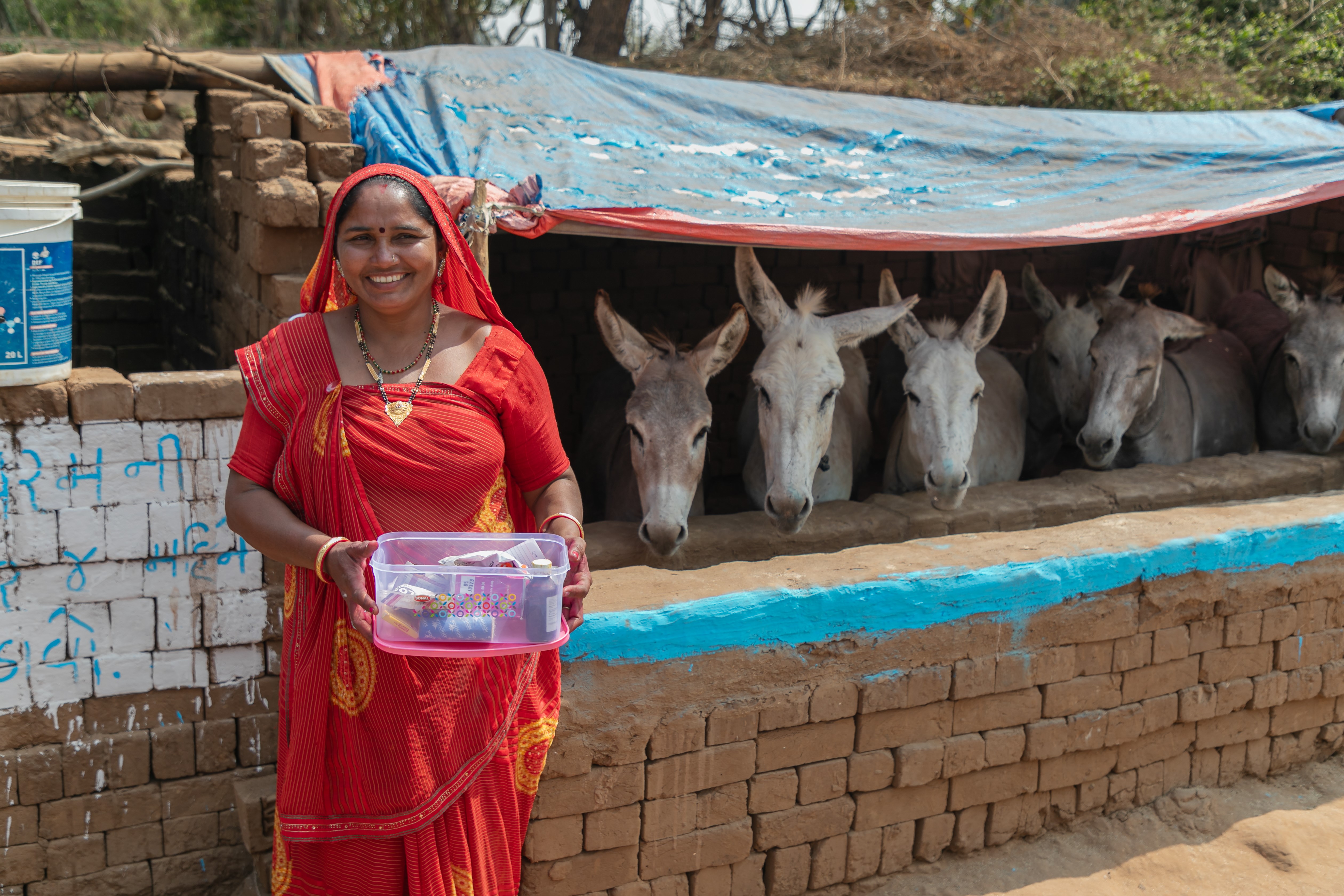 Indian woman holding First Aid Kit next to donkeys