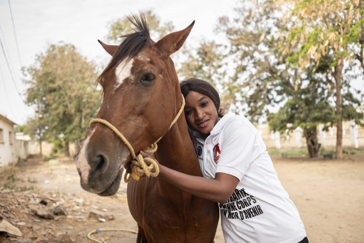 Farrier hugs horse in Senegal