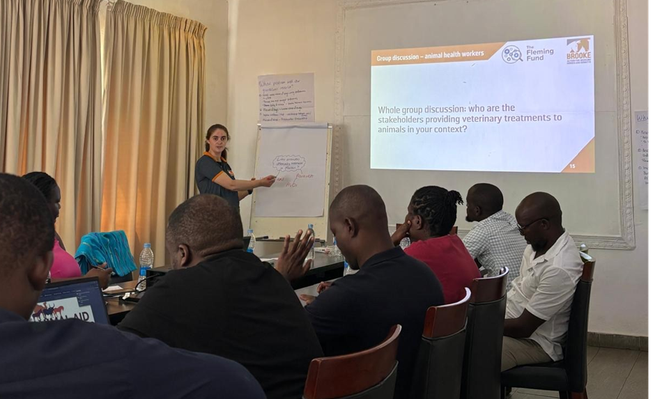 Vet runs a training session with vets in Malawi.