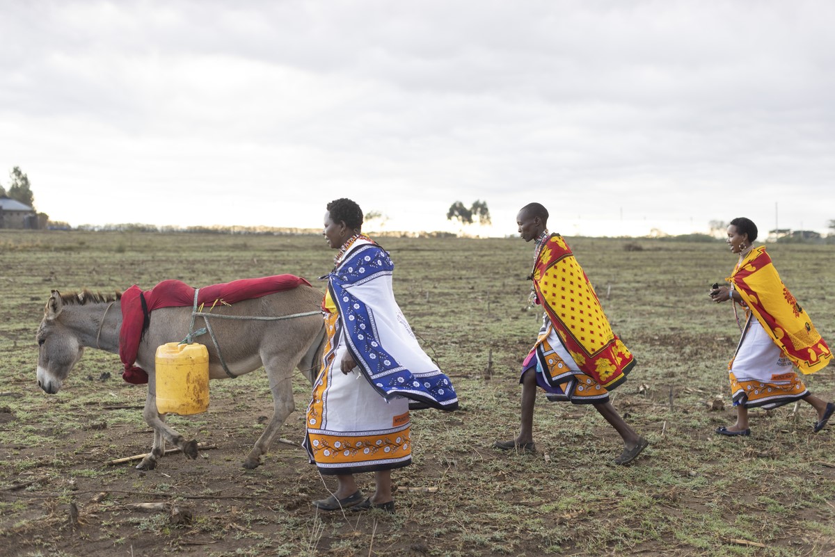 Women and donkeys carrying water in Kenya