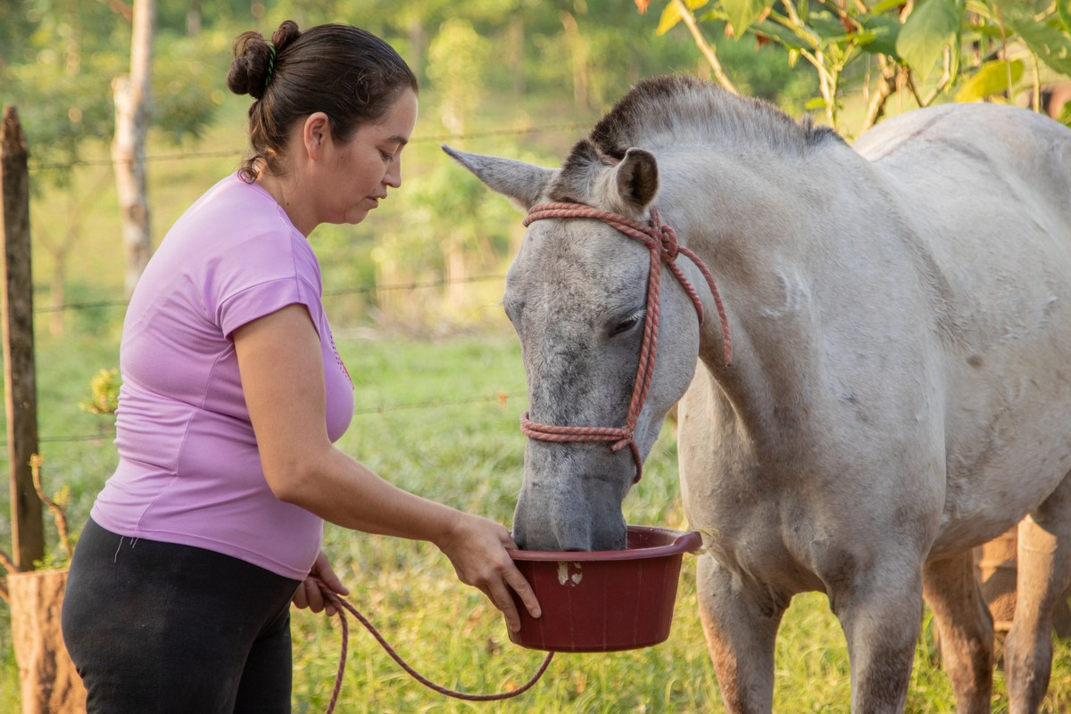 Woman feeds horse in Nicaragua