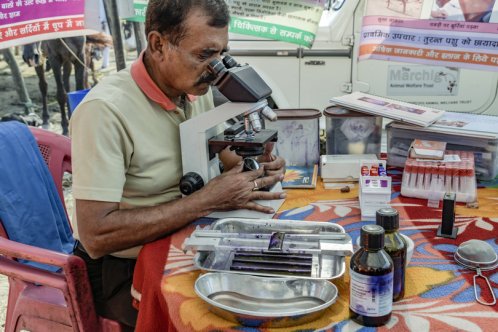 Man looking through a microscope