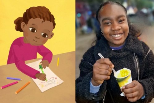 split picture showing animated character on the left and the girl who voiced her on the right