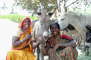 Women crouching down with donkeys