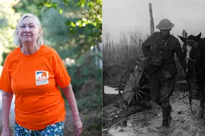 Side-by-side images of First World War horses and a woman in an orange Brooke T-shirt, both walking away from the camera.