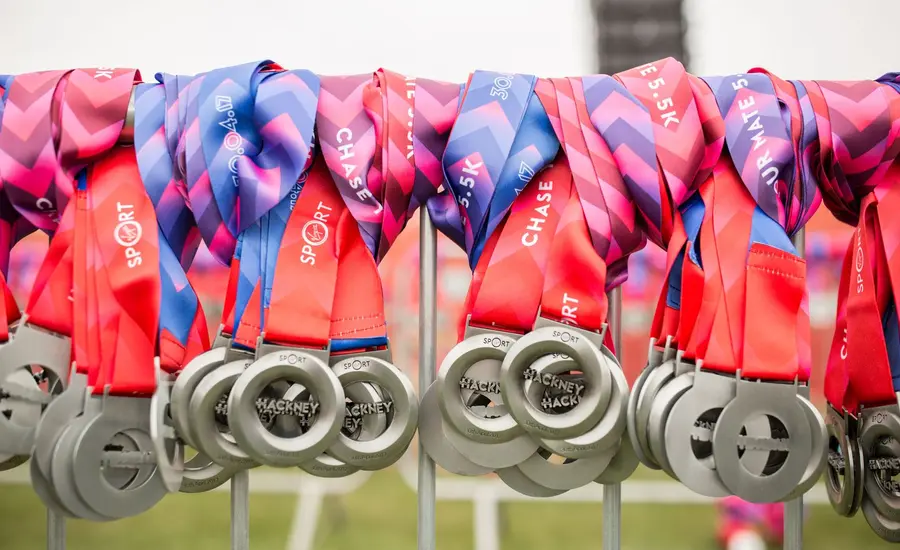 Hackney Half Marathon medals lined up