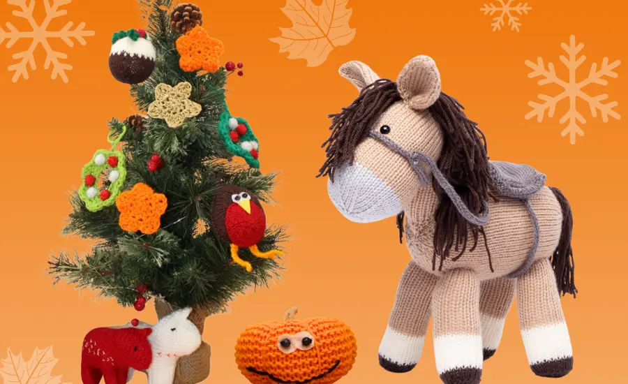 knitted horse, pumpkin and christmas decorations that feature in Brooke Autumn Winter Craft Pack on an orange background