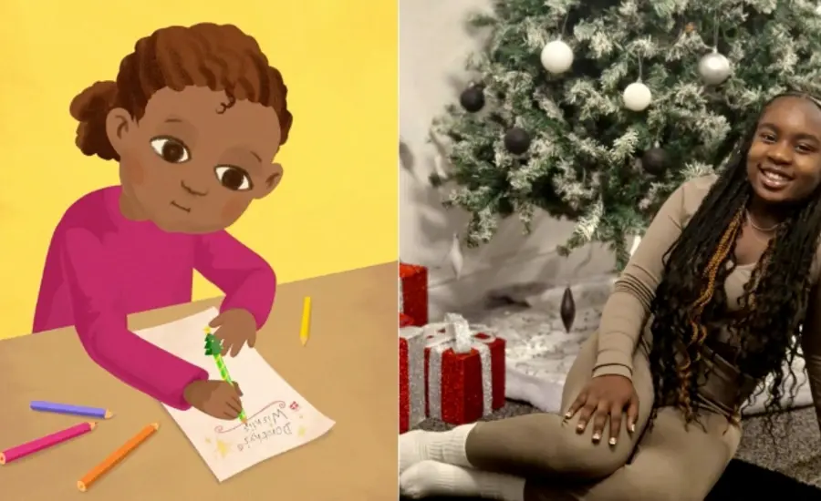 split picture showing animated character on the left and the girl who voiced her on the right, sitting next to a christmas tree