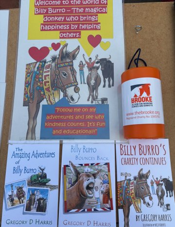Gregory Harris's Billy Burro books at his market stand in Saltburn-by-the-Sea