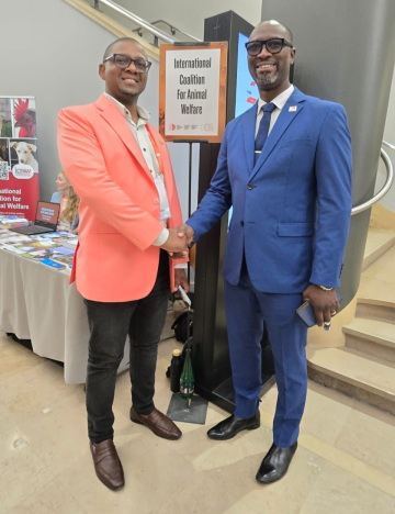 (From left): Tozie Zokufa, member of the International Coalition for Animal Welfare, Emmanuel Sarr, Director of Brooke in West Africa. Brooke and World Organisation for Animal Health representatives at an event in Paris, 2025.