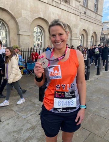 Sylv Hull after the London Marathon 2024  Brooke supporter with medal after London Marathon 2024