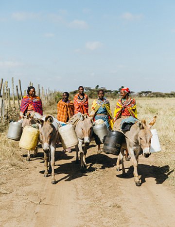 Women and their donkeys transporting water in Kenya