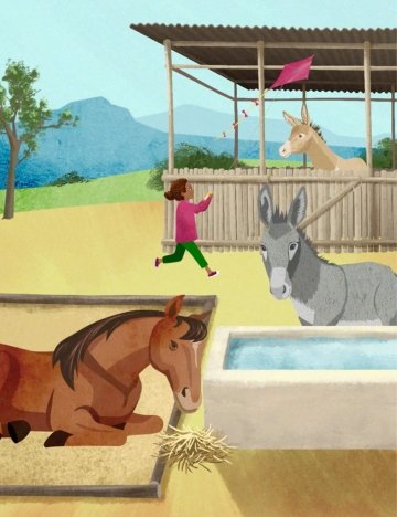 a still from the animation showing a horse, donkey and mule in a shelter, with a girl running through with a kite