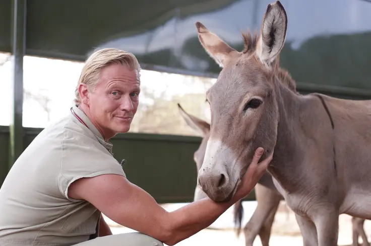 Dr Scott, wearing a beige shirt, crouches down and reaches out to a donkey.