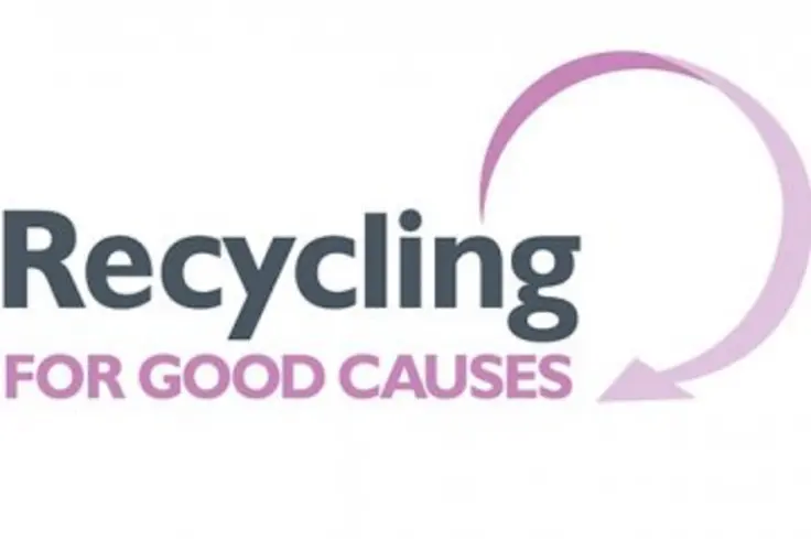 A pink logo of a round arrow with the words Recycling for Good Causes next to it