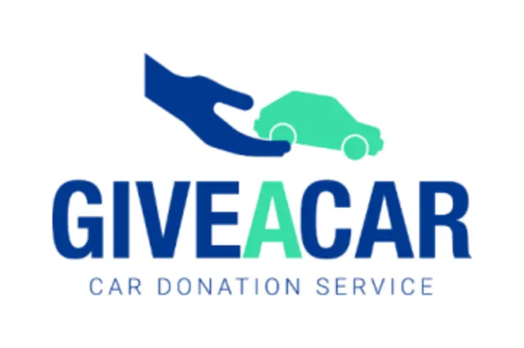 A logo of a blue hand holding a green car above the worlds Give A Car