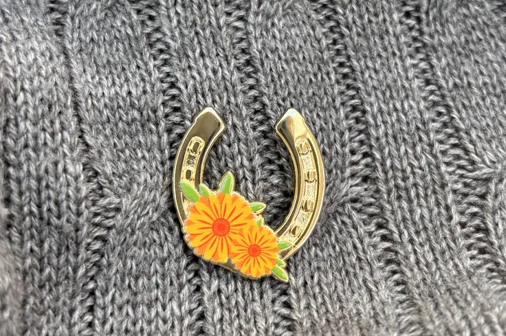 Horseshoe badge pinned to jumper
