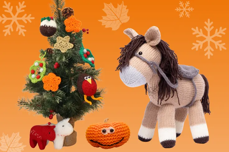 knitted horse, pumpkin and christmas decorations that feature in Brooke Autumn Winter Craft Pack on an orange background