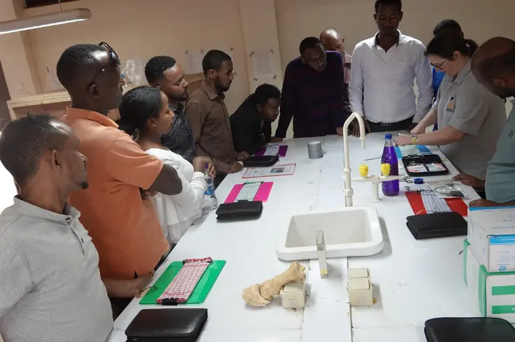 Demonstrating suturing using a model made from a clipboard and a tea towel 