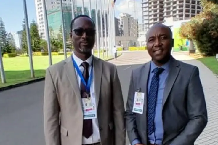Brooke West Africa Regional Representative Emmanuel Sarr (left) and Brooke East Africa Director Raphael Kinoti (right) at the African Union HQ last month