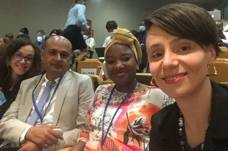 From left to right: Ellie Parravani (Brooke UK), Naeem Abbas (Brooke Pakistan), Rouguiatou Ka (Brooke West Africa), Chiara Soletti (Brooke UK) at the HLPF in July 2022. 