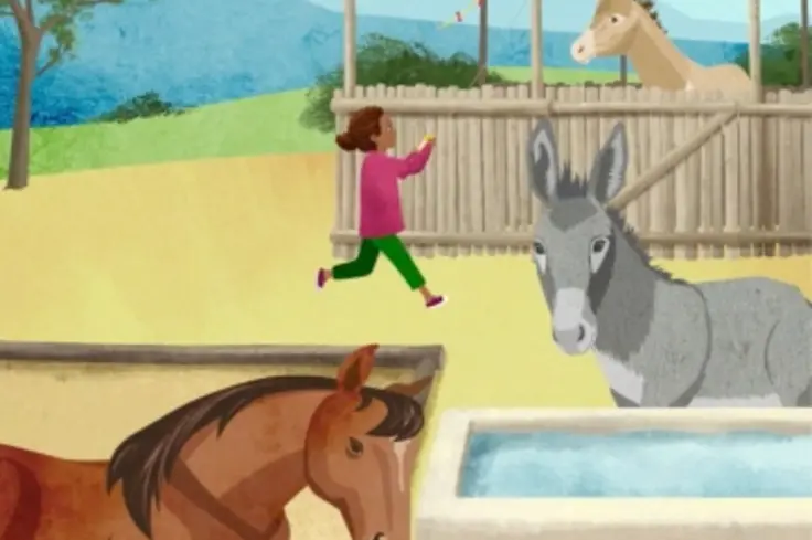 a still from the animation showing a horse, donkey and mule in a shelter, with a girl running through with a kite